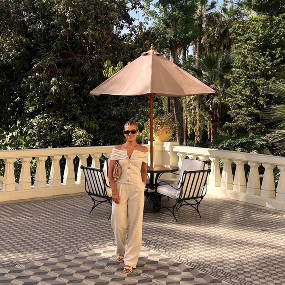 NA-KD Set - Beige Linen Blend Off Shoulder Top & Suit Trousers - Picture 6 of 17